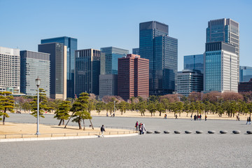 TOKYO, JAPAN - 14 FEB 2018: Chiyoda skyline and trees from Imperial palace park at daytime