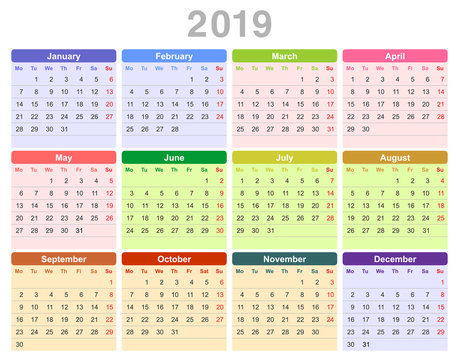 2019 year annual calendar (Monday first, English)