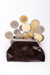 Old brown purse with scattered coins. Polish zloty coins