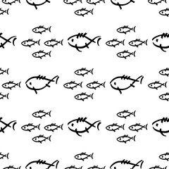 Flat monochrome vector seamless sea fish sketch pattern. Fabric textile summer pattern. Cute doodle pattern with underwater sea creatures. Vector illustration naive element wildlife nautical ornament.