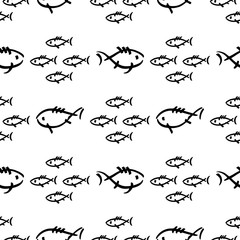 Flat monochrome vector seamless sea fish sketch pattern. Fabric textile summer pattern. Cute doodle pattern with underwater sea creatures. Vector illustration naive element wildlife nautical ornament.