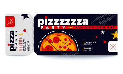 Food Event/Party entrance vector tickets templates. Ticket for entrance to the Pizza Party. Modern elegant illustration template of Ticket Card. Cute Vector Pizza Character. Food Voucher Concept
