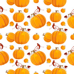 Seamless pattern with orange pumpkin and leafs. 