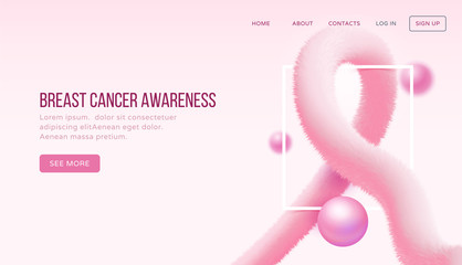 Landing page for breast cancer awareness with symbol made in form of realistic pink fluffy tinsel and pearl. Vector illustration