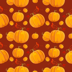 Seamless pattern with orange pumpkin and leafs. 
