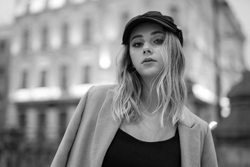 Close up fashion portrait of Positive fashion shine beautyful girl enjoy life. Portrait of beautiful caucasian woman with beautiful face walking outdoors. Copy space.