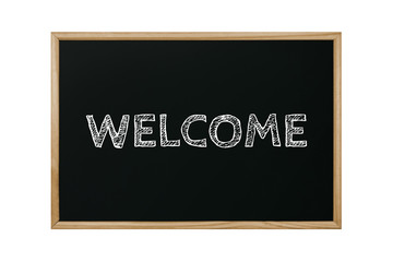 welcome word written black chalkboard on white background