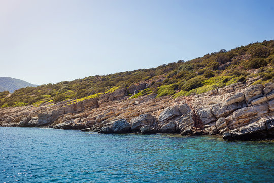 Turquoise water near beach on Aegean coast  sea Turkish resort, Bodrum, Turkey