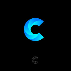 C letter monogram. C helix logo. Web, UI icon. Blue vortex logo on a black background. Contour option.