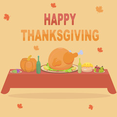 Thanksgiving traditional meals on the festive table. Color illustration and vector.