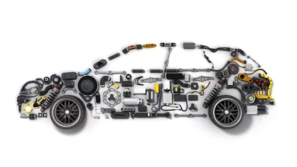 car silhouette made of details 3d render on white © nosorogua