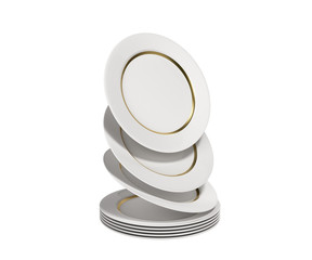 a stack of white plates with a gold strip 3d render on a white background no shadow