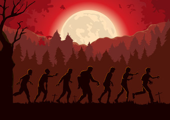 Silhouette crowd of zombies walking out of graveyard in full moon night. Red Theme Illustration about Halloween.