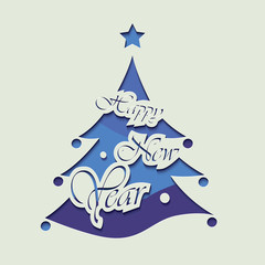 Blue Christmas tree invitation card with text Happy New Year