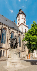 Panoramic view of Architecture and Facade of St. Thomas Church Thomaskirche in Leipzig, Germany....