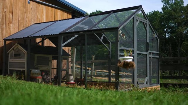 Establishing shot of chicken coop near barn