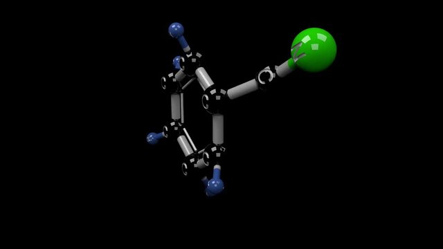Benzonitrile molecule. Molecular structure of benzonitrile, compound used as solvent and found it on interstellar dust. Alpha channel.