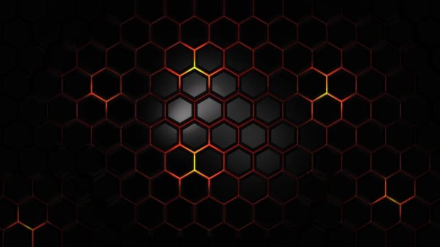 Dark abstract background loop for your text or logo. technological background animation. black hexagons with red glow. Wall of hexagons. hexagons with magma. epic science and movie background