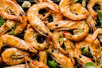 Roasted grilled shrimps on pan