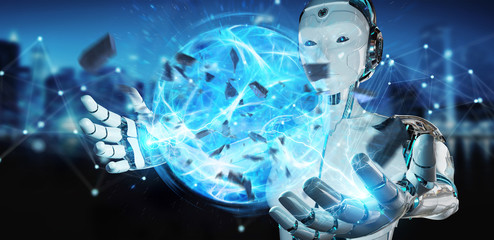 White woman robot creating energy ball 3D rendering