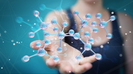 Businesswoman using modern molecule structure 3D rendering