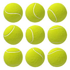3d rendering of nine similar bright yellow tennis balls hanging on white background in different angles.