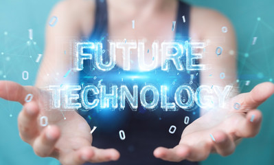 Businesswoman using future technology text interface 3D rendering