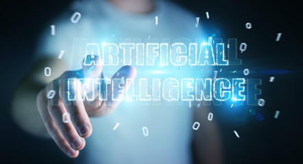 Businessman using digital artificial intelligence text hologram 3D rendering