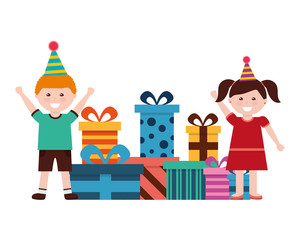 happy boy and girl with birthday gifts celebration