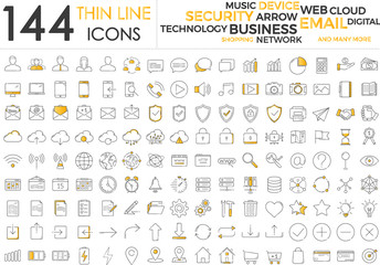 Black and orange business thin line icons set on white background