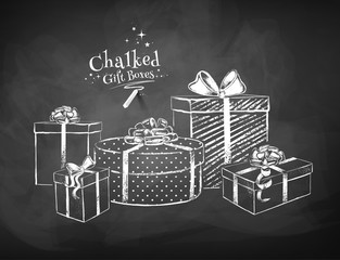 White chalk vector sketches of gift boxes