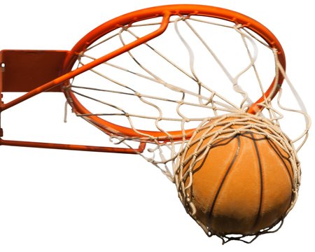 Basketball ball hitting basket on white background