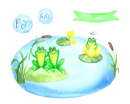 Baby shower. Watercolor set of hand painted images with cartoon elements  for greeting, children's party.