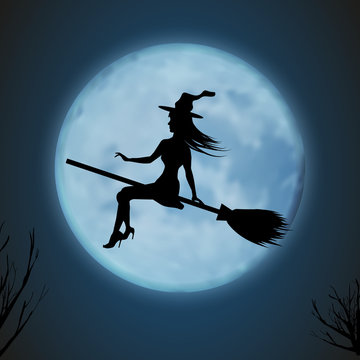 Halloween background. Young witch flying on a broomstick on the background of the full moon. Vector