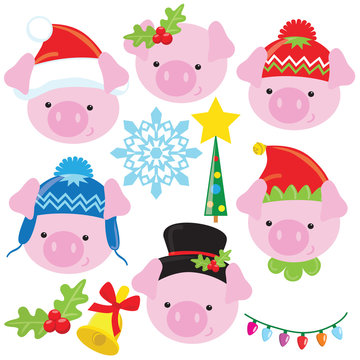 Christmas pig face vector cartoon illustration