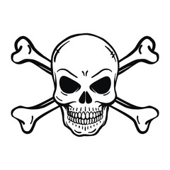 evil looking horror skull. Black background. Outline, vector, tattoo, halloween, poisonous, deadly, isolated