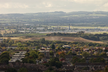 A lanscape photograph of Edinburgh airport and the East Craigs suburb of Edinburgh