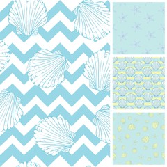 Set of sea and nautical seamless patterns in white and pale blue colors. Vector illustration.