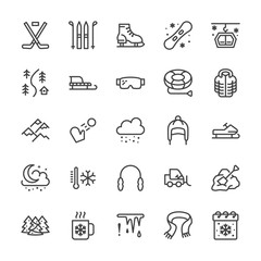 Winter sports line icons. Cold weather outdoor activities - skiing, hockey, snowboard, snowball game, snow removal vector illustrations. Signs for equipment store. Pixel perfect 64x64 Editable Strokes