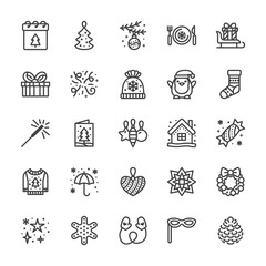 Merry Christmas flat line icons. Pine tree toys, snowflake, presents on sleigh, card, sparkler, winter house, sweater, decoration vector illustrations. Pixel perfect 48x48. Editable Strokes