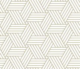  Moderne eenvoudige geometrische vector naadloze patroon met gouden lijn textuur op witte achtergrond. Licht abstract behang, heldere tegelachtergrond. © nadiinko