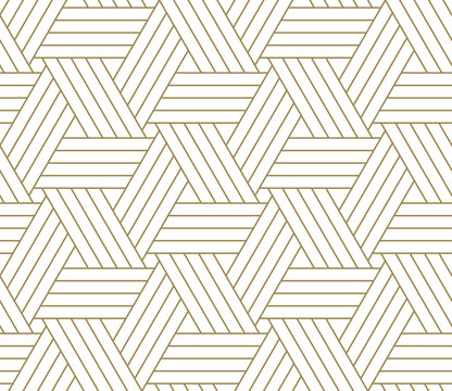 Modern simple geometric vector seamless pattern with gold line texture on white background. Light abstract wallpaper, bright tile backdrop.