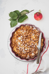 Apple and cinnamon homemade pie with walnuts and custard on an old concrete background. Rustic style. Top view.