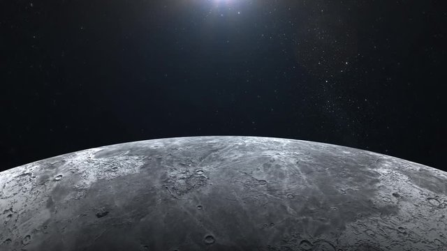 Moon. Flying over the Moon surface. View from space. Stars twinkle. 4K. Sun on the right