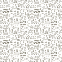 Obraz premium Car recyclers and scarp breaker and auto spare parts icons in hand drawn style background and seamless pattern
