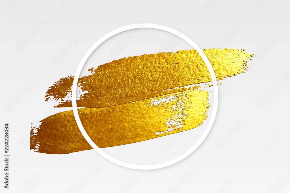 Poster golden brush stroke with white round frame isolated on gray background. vector design element.
