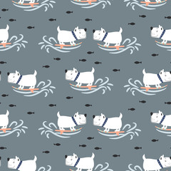 Pattern with cute surf puppies blue sea background.