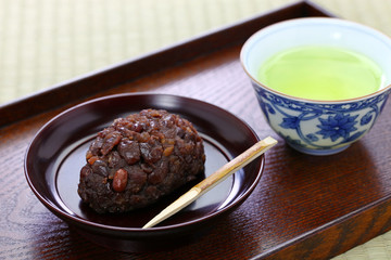 ohagi ( botamochi ), rice cake covered with sweet red bean paste, traditional japanese sacred food
