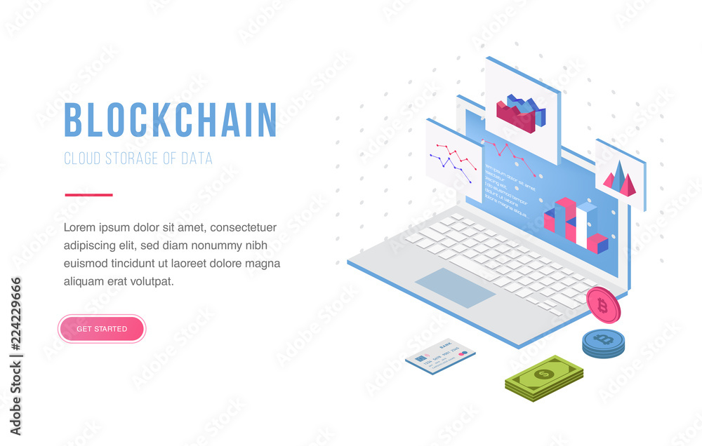 Poster cryptocurrency exchange and blockchain isometric composition. good for landing page template and inf