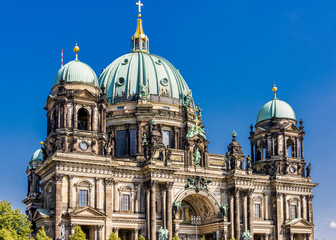 Fototapeta na wymiar The beautiful Berlin Cathedral or Berliner Dom (German) is the protestant cathedral in Berlin, Germany. It is located on Museum Island in the Mitte Borough.